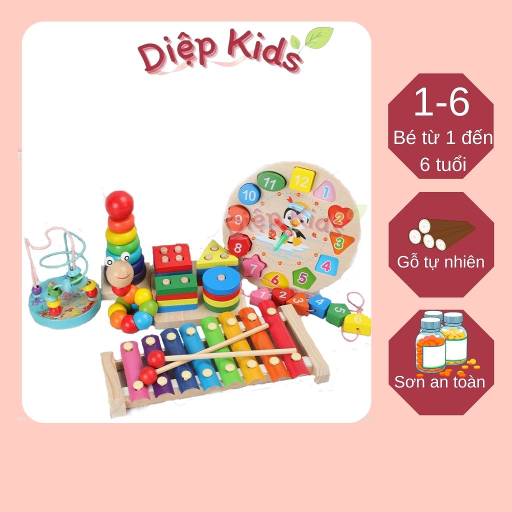 Combo 6 món đồ chơi gỗ thông minh cho bé, đồ chơi cho bé trai gái 1 2 3 4 5 6 tuổi phát triển trí tuệ Diệp Kids