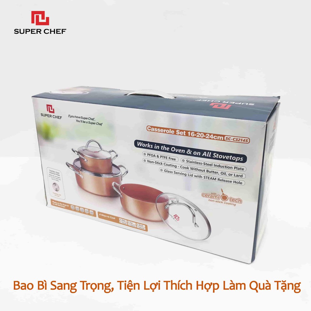 Bộ 3 Nồi Canh Chống Dính Super Chef Đáy Từ Siêu An Toàn, Siêu Bền( 162024cm)