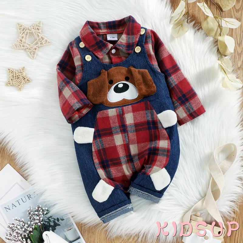 Bộ áo liền quần dài tay họa tiết hoạt hình + quần yếm đáng yêu cho bé trai