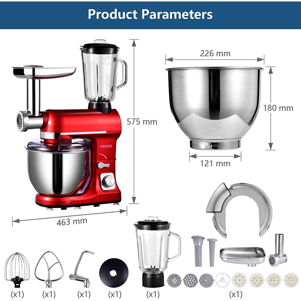 Máy nhào bột Frifer 5L 1000W 6 trong 1 - trộn 1 kg bột khô  - Làm mỳ, sinh tố, đánh kem, đùn thịt xúc xích..