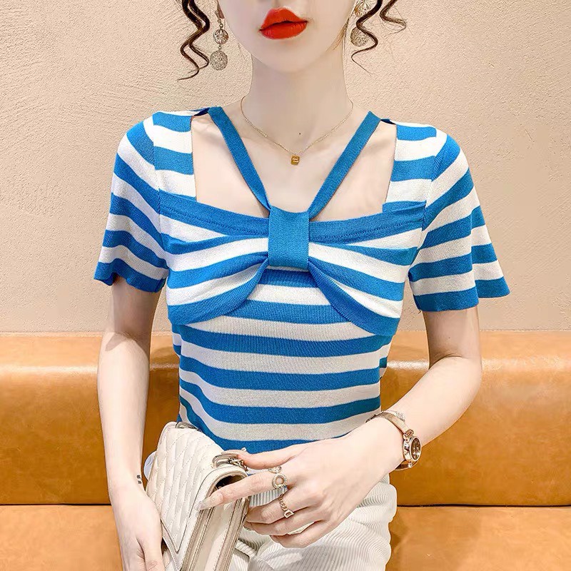 Áo Len Kiểu Ôm Body Tay Ngắn Có Dây Nơ Ngực Sọc Và Trơn Nữ Tính | Smide Clothing
