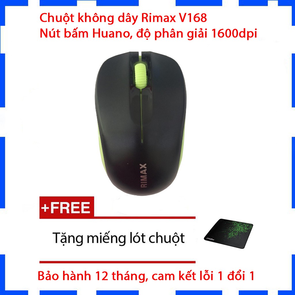 Chuột không dây Rimax V168 - Có pin kèm - Tặng lót chuột 20 X25 cm  - Bảo hành 12 tháng - Cam kết lỗi 1 đổi 1