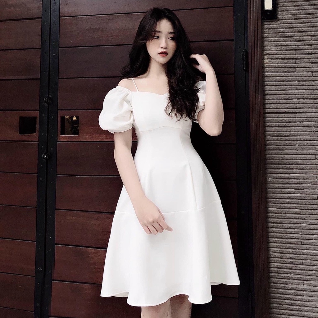 Đầm váy freesize trắng xoè dây vai dự tiệc