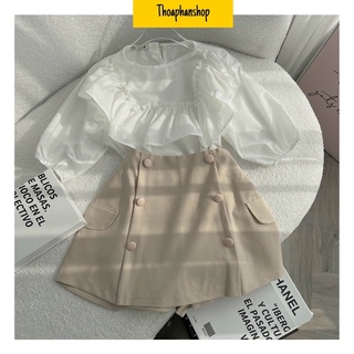 Set áo sơ mi tay ngắn bèo + chân váy a phối nút