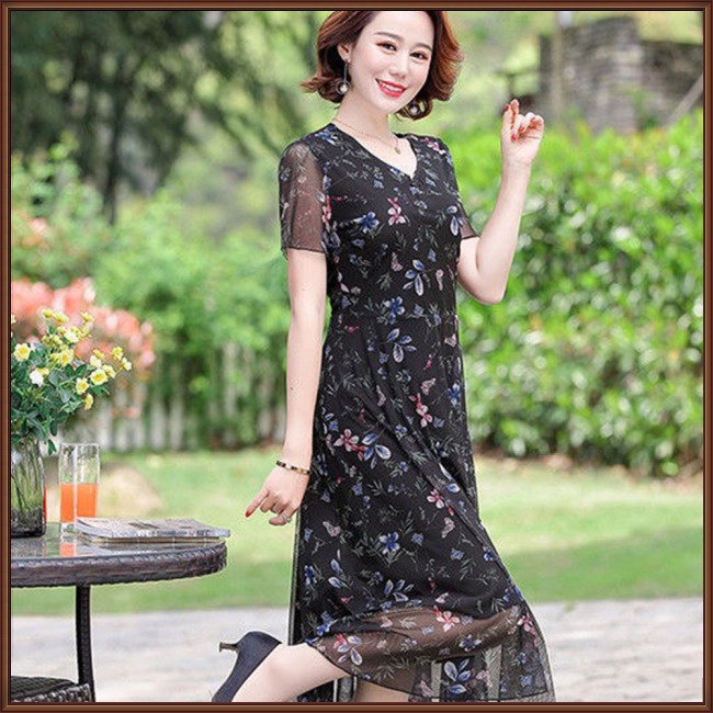 Đầm Tay Ngắn Cổ Chữ V In Họa Tiết Hoa Thời Trang Cho Nữ