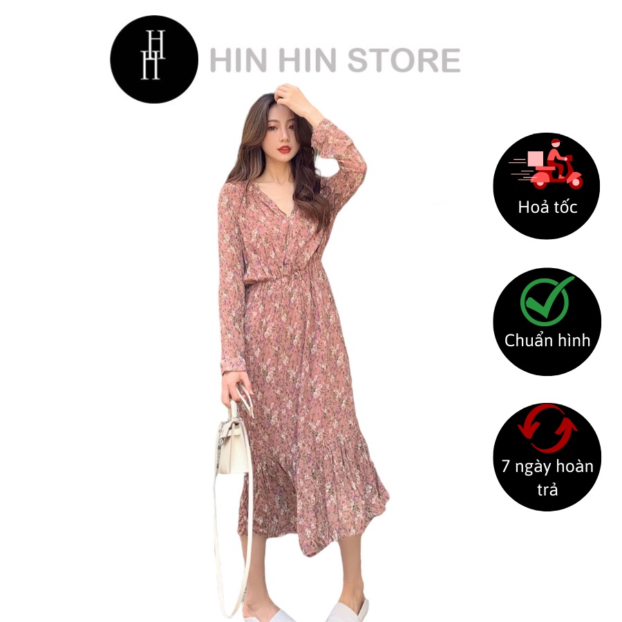 Đầm hoa bi tay dài màu hồng HDT172 Hỉn Hỉn Store