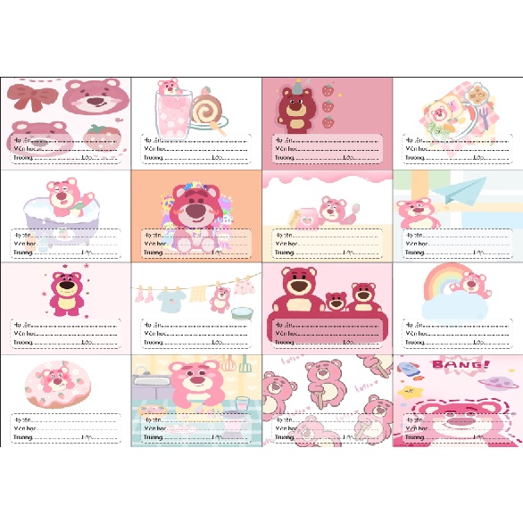 Nhãn vở gấu dâu tây hồng lotso NV66 hoạt hình set 16 chiếc có keo dán sẵn