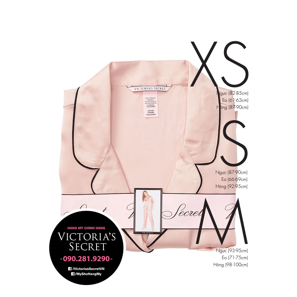 Size XS/S/M - Bộ Pijama Satin Hồng da xinh xắn, siêu cá tính, vải Satin đẹp, Pink Pizz - Victoria's Secret