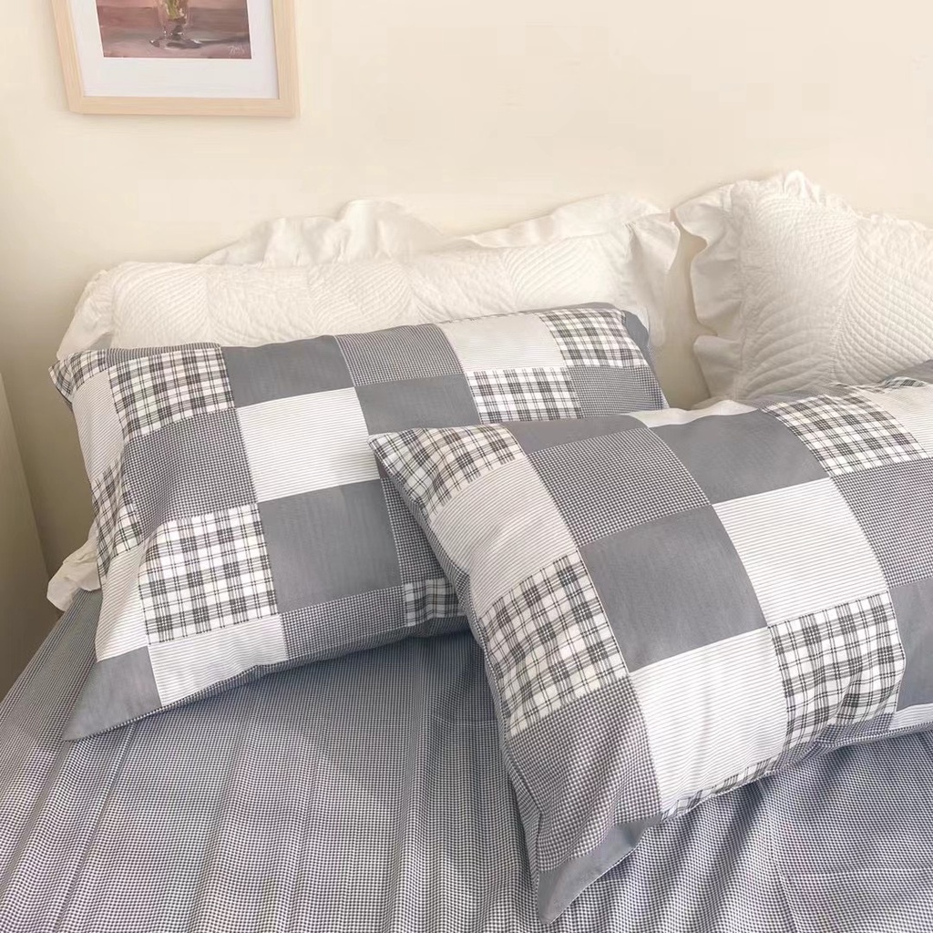 Bộ chăn ga gối cotton organic Kẻ caro ghi SHOP vũ thị thơm