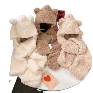Mũ Lông Liền khăn Tai Gấu Trùm Đầu Quàng Cổ Kèm Túi Xỏ Tay 3 in 1 Cao Cấp Cực Ấm Áp