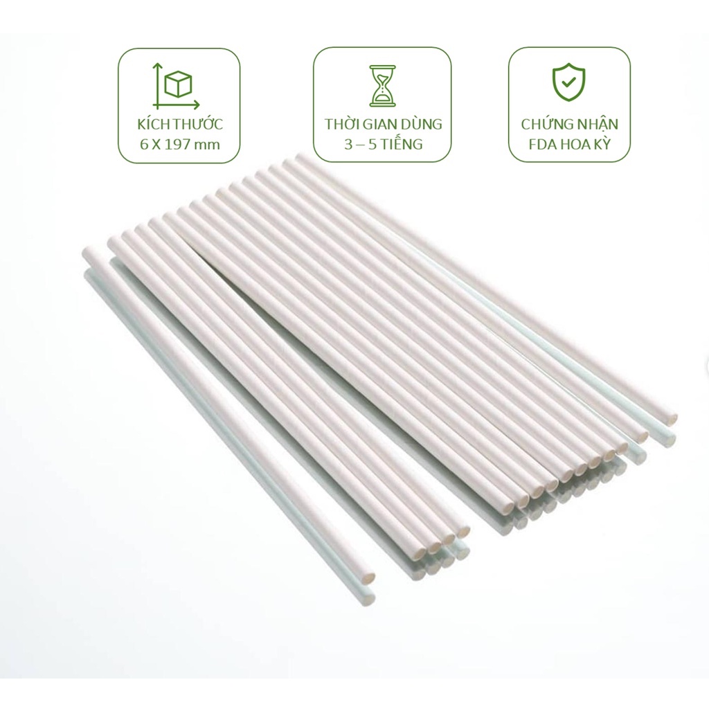 50 Ống Hút phi 6 kích thước 6 x 197mm 3 lớp, bọc màng, không bọc màng, màu trắng