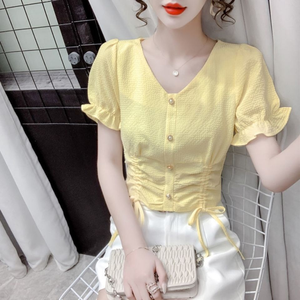 AMOI Áo Chiffon Tay Ngắn Cổ Chữ V Phối Dây Rút Thời Trang Phong Cách Phương Tây Cho Nữ