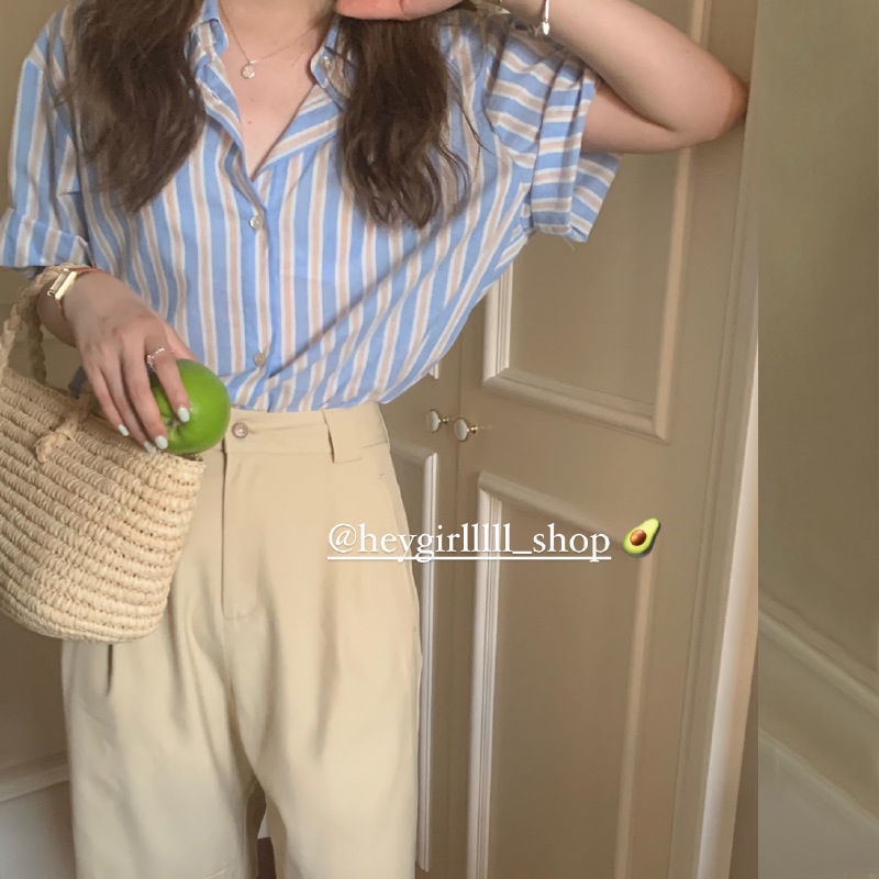 Áo Sơ Mi Tay Ngắn Dáng Rộng Họa Tiết Kẻ Sọc Phong Cách Retro Thời Trang Mùa Hè Cho Nữ