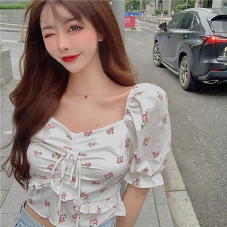 Áo croptop hoa tay bồng thắt nơ ngực 2021