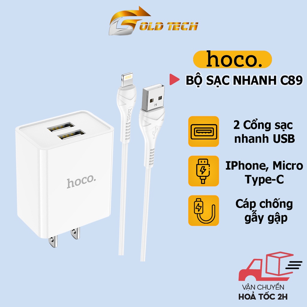 Sạc iphone nhanh Hoco C89 sạc nhanh 2.1A với 2 cổng USB, tương thích với dòng iPhone/iPad, Android dây dài 1m