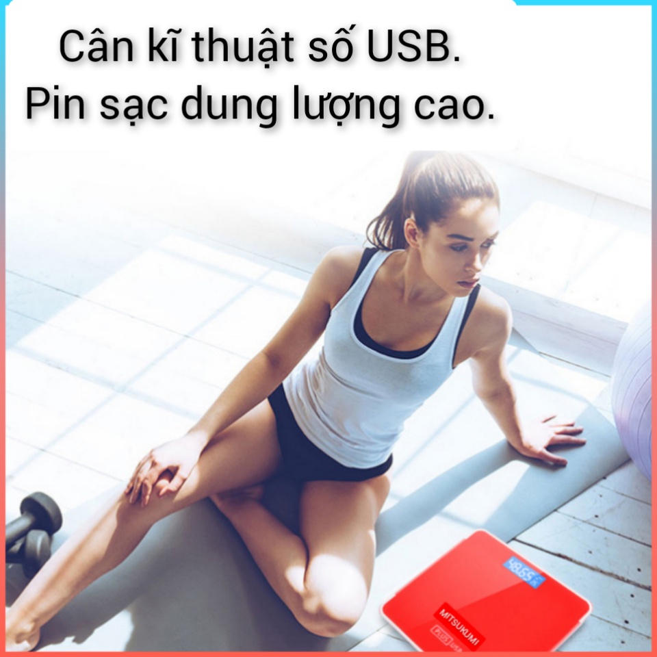 Cân điện tử sạc USB Mitsukumi, Cân sức khỏe gia đình hiển thị nhiệt độ, tặng cáp sạc + thước dây [Bảo hành 12 tháng]