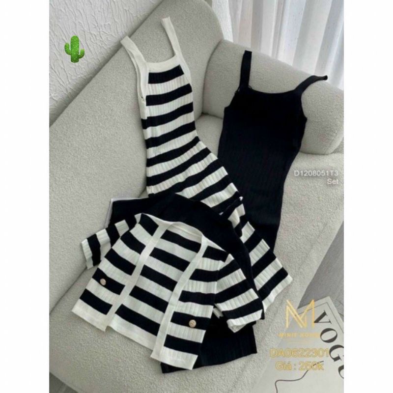Sét đầm sọc body &amp; áo khoác ngoài croptop sang chảnh (BC)