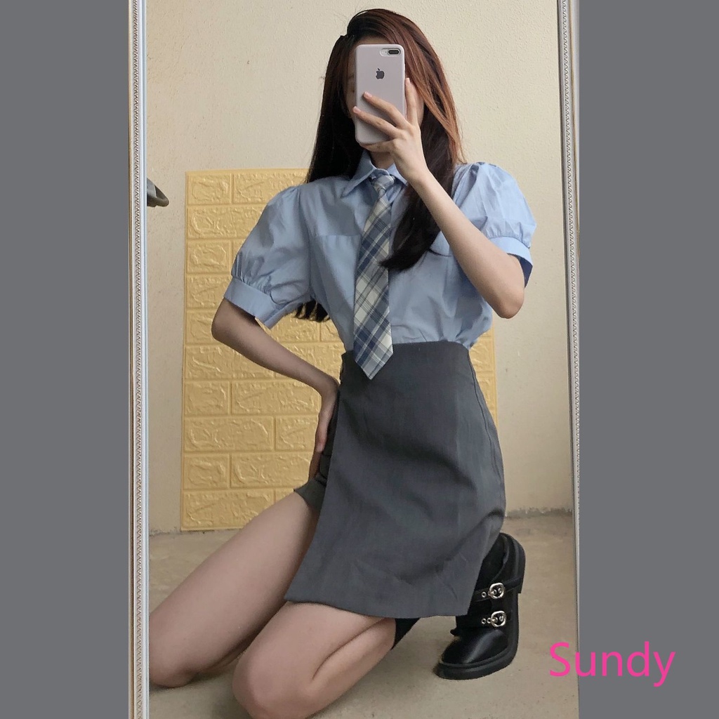 Set Áo Tay Phồng Màu Xanh Dương + Chân Váy Bất Đối Xứng Phong Cách Hàn Quốc Cho Nữ