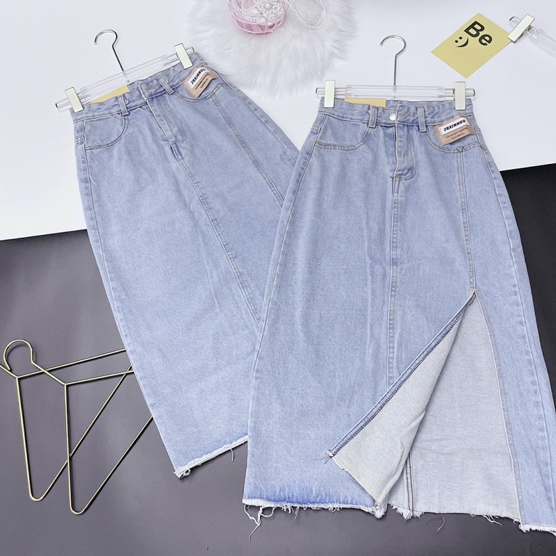 Chân váy jeans dáng dài bút chì Váy jean midi mác da xẻ tà