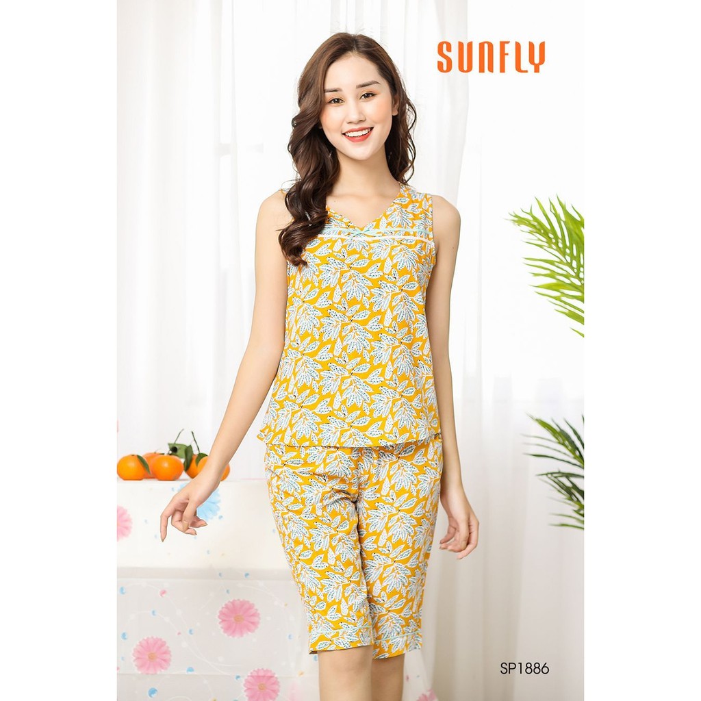 Bộ đồ mặc nhà SUNFLY. Set đồ chất Lanh cao cấp mềm mại, mát lạnh. Họa tiết trẻ trung phối viền ren xinh xắn