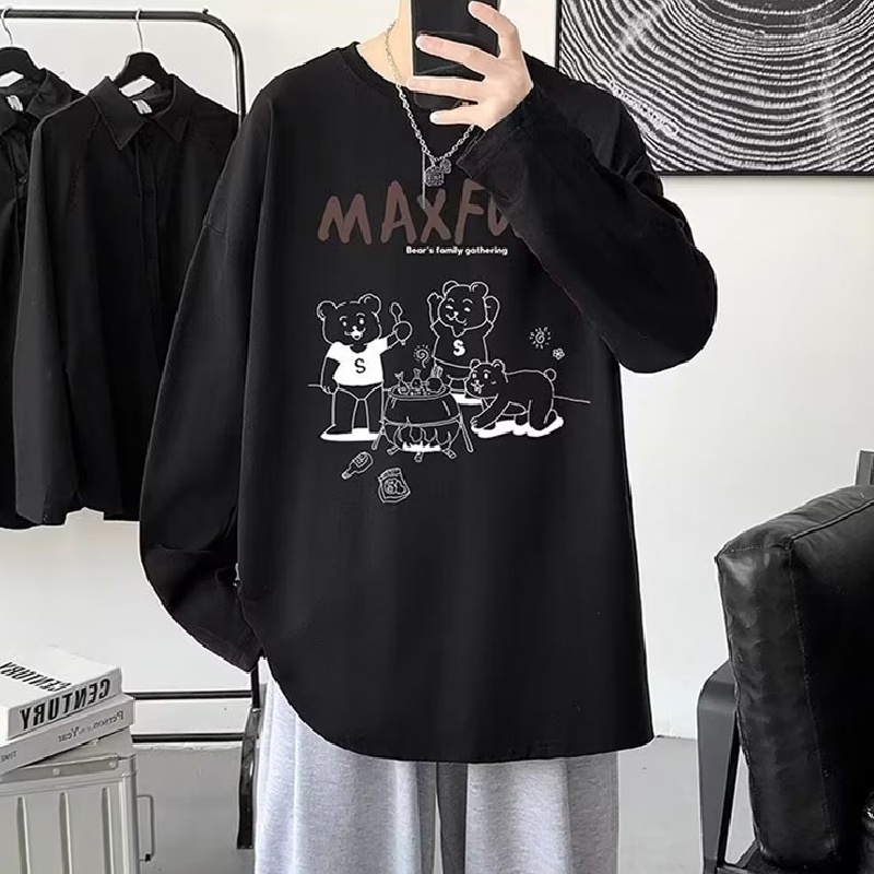 Áo Thun Tay Dài Dáng Rộng In Họa Tiết Gấu Hoạt Hình Thoải Mái Thời Trang Cho Nam Và Nữ size M-5XL