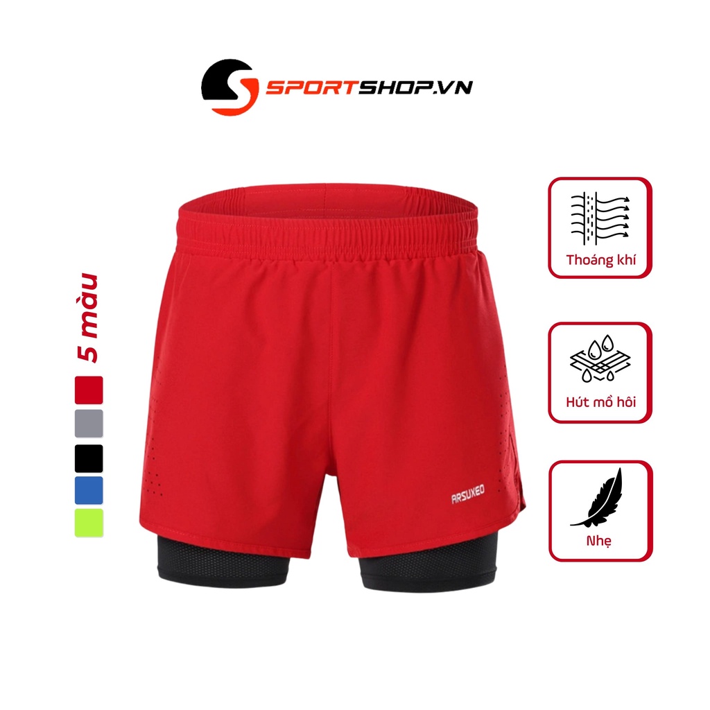 Quần chạy bộ nam 2 lớp (boxer), có túi khóa kéo phía sau ARSUXEO MS01, quần thể thao siêu mềm mại, thoáng khí