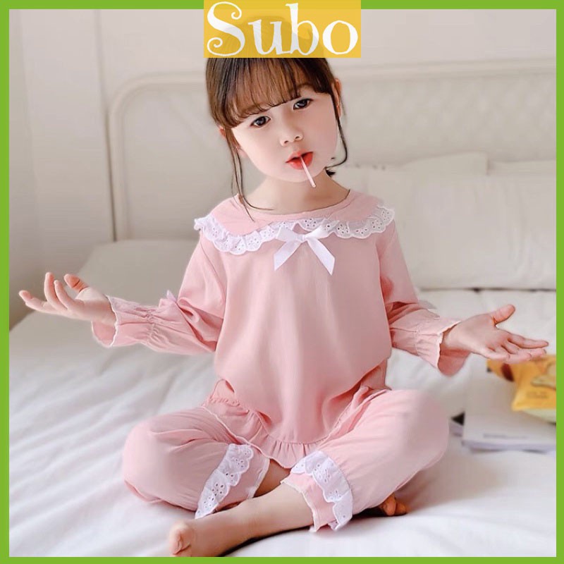 [ PIZAMA CHO BÉ] Đồ Ngủ Dài Tay Bé Gái_Pijama Lụa Dài Tay Phối Ren Dành Cho Bé Gái từ 7- 17 kg