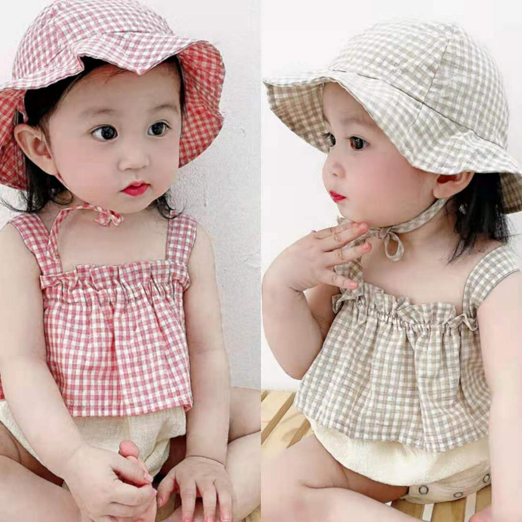 Bộ áo liền quần họa tiết caro kèm nón đội thời trang mùa hè cho bé gái
