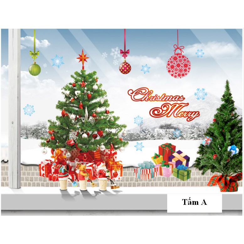 Decal Trang Trí Bộ Kết Hợp 2 tấm Ông già Noel - Cây Thông ( ghép lại )
