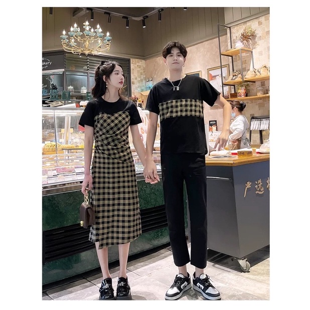 Set áo váy đôi kẻ pha màu nhún eo