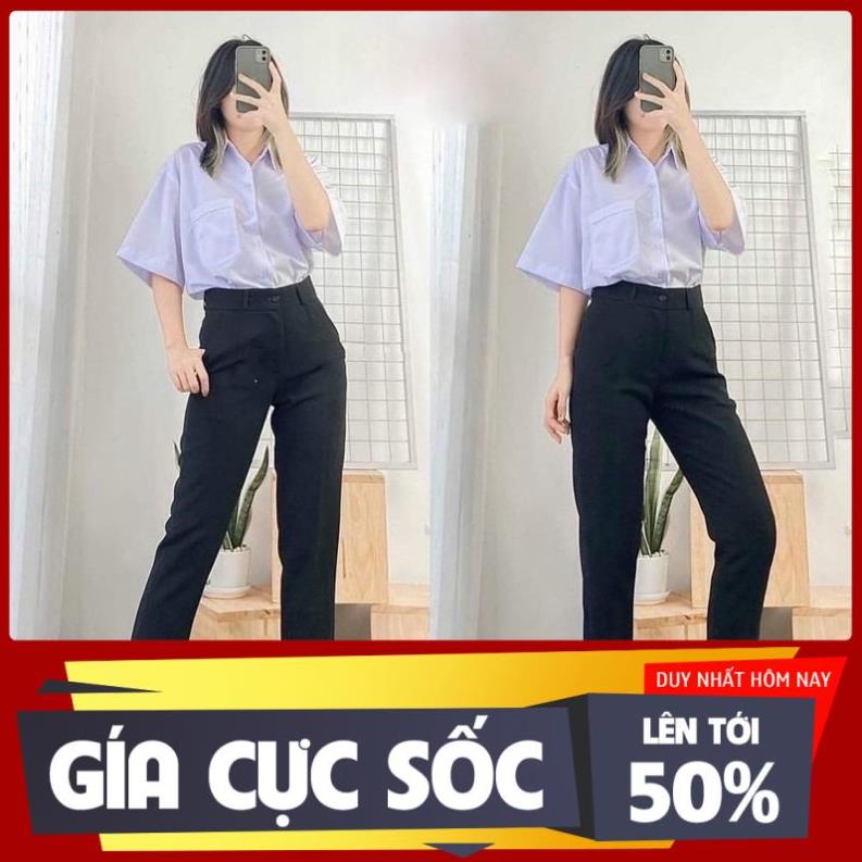 Quần tây baggy đi học nữ cạp có đai lưng cao màu đen dáng dài - Quần vải công sở Vitex dày dặn phối áo sơ mi đi học làm
