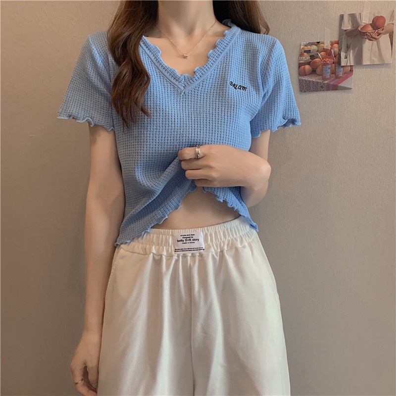 IELGY    Áo Thun Dệt Kim Mỏng Tay Cộc Đa Năng Cho Nữ