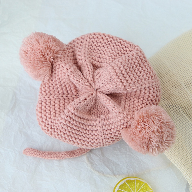 Mũ dệt kim mềm mại thiết kế hình tai thỏ phối quả bóng lông xù ấm áp màu trơn thiết kế dễ thương cho bé
