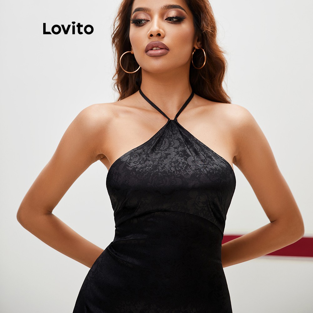 Đầm Lovito vải dệt màu trơn hở lưng thắt dây sexy L13x054 (màu đen) | BigBuy360 - bigbuy360.vn