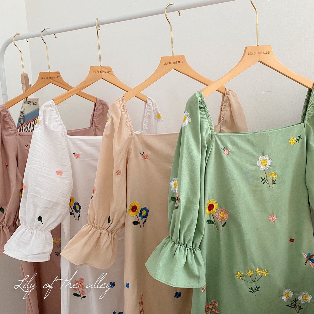 Váy Linen thêu hoa Lily phong cách Ulzzang Hàn Quốc