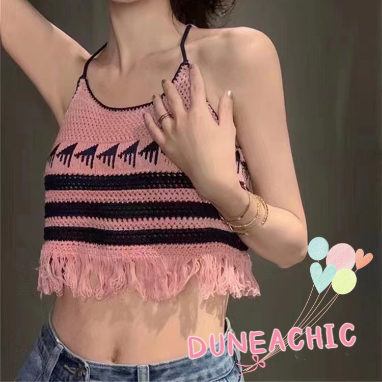 DUNEA Áo Hai Dây Kẻ Sọc Phối Tua Rua Thời Trang Cho Nữ