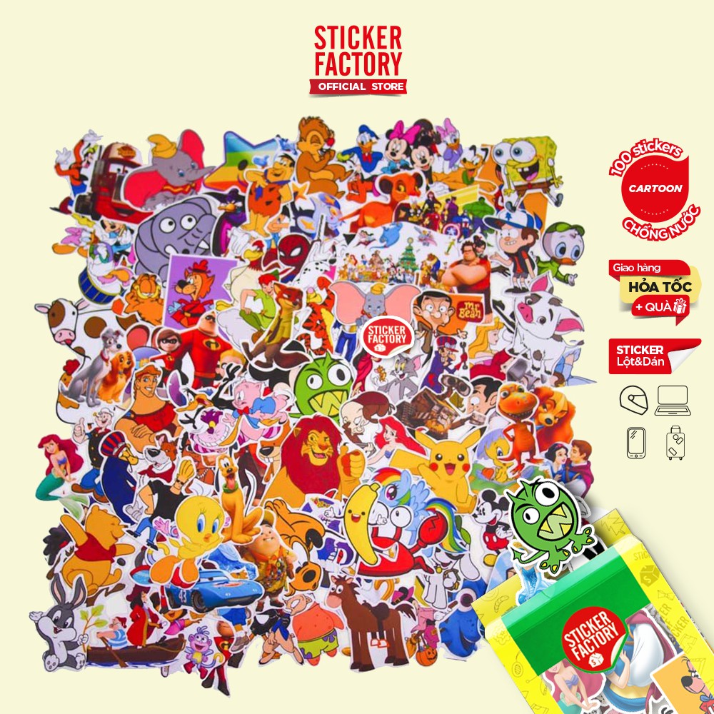 Cartoon - hộp set 100 sticker decal hình dán dễ thương, trang trí nón bảo hiểm , laptop, xe máy, ô tô - STICKER FACTORY