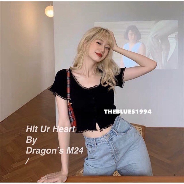 Áo croptop nút giả viền ren chất thun gân siêu xinh