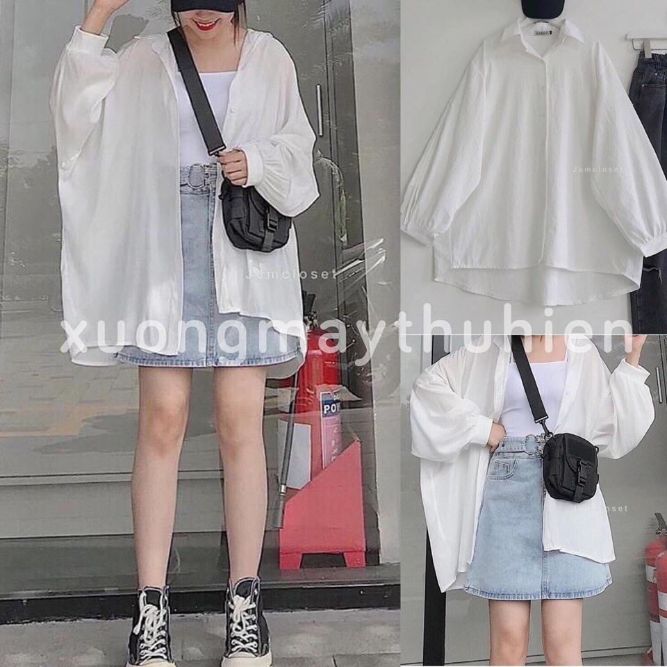 Áo sơ mi nữ trắng tay bồng oversize dưới 60kg - Lyza Store