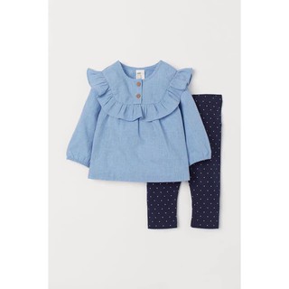 Bộ H&M áo xanh cổ bèo quần đen