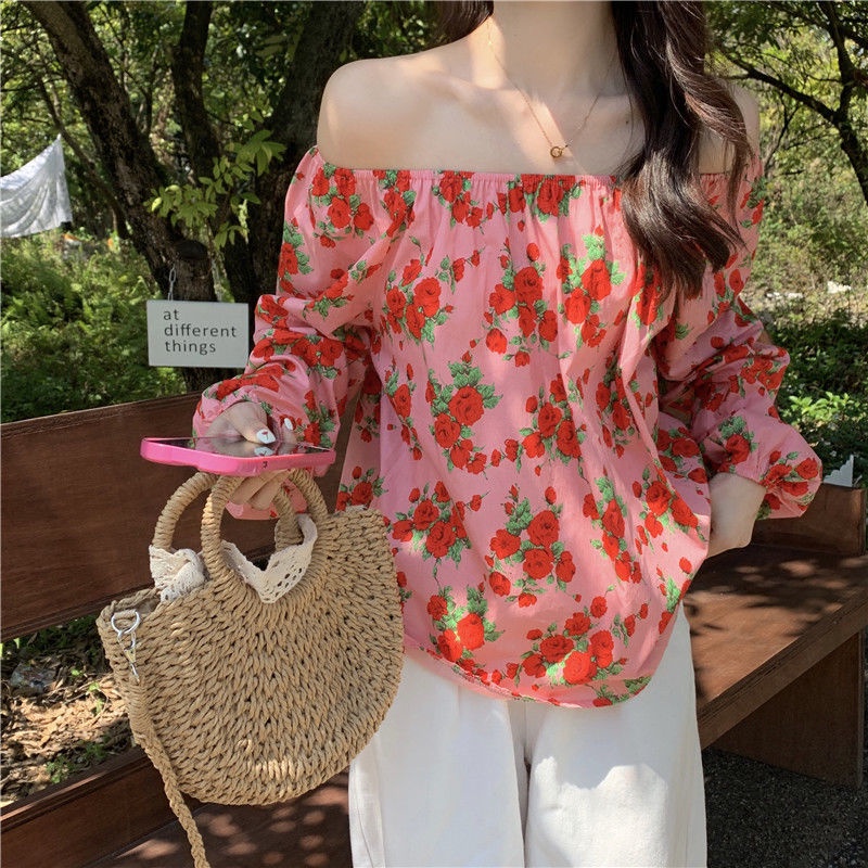 Áo Sơ Mi Nữ Trễ Vai Dáng Rộng In Hình Hoa Hồng Ngọt Ngào