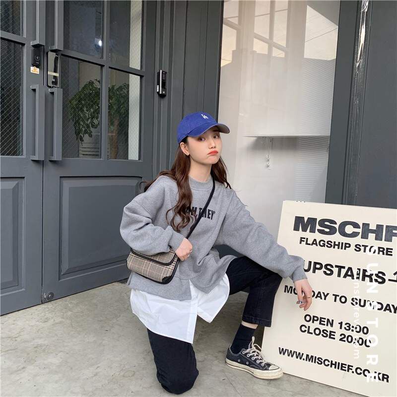 Áo sweater tay dài phối vạt trắng 2 màu đen và xám thời trang thu đông Ulzzang