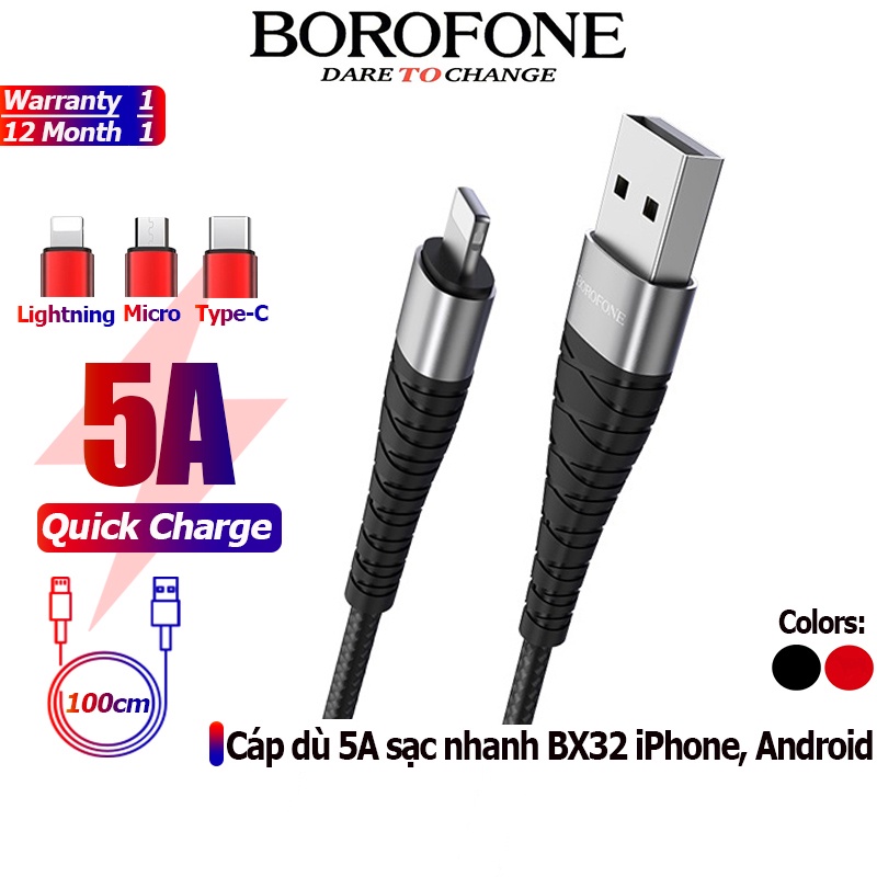 Dây cáp sạc nhanh BOROFONE BX32 bện dù dòng 5A chân Lightning, Micro, Type-C dây truyền tải dữ liệu dài 1m - Chính hãng