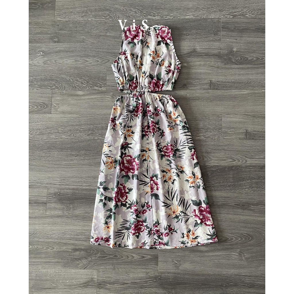 Đầm midi nữ hoa tím khoét eo