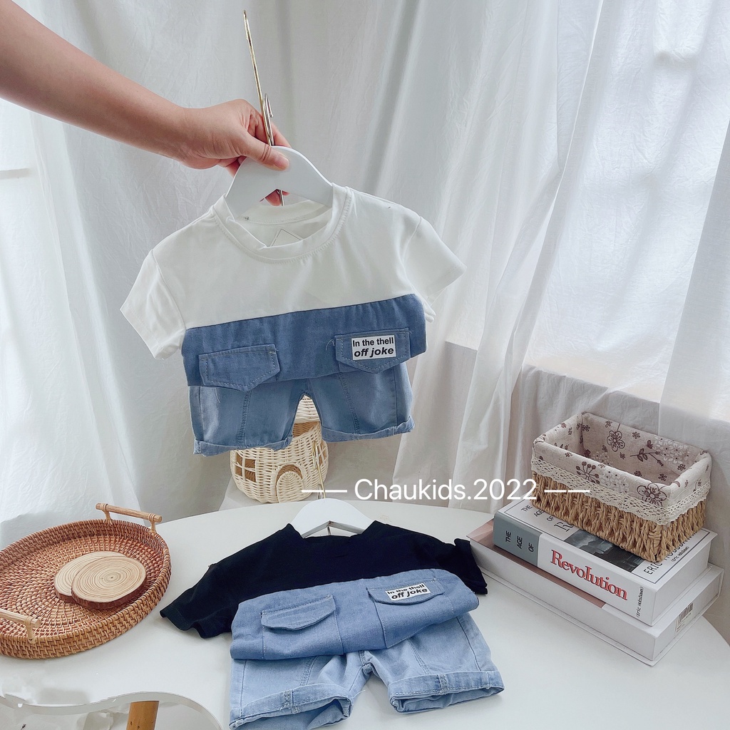 Bộ cộc tay bé trai kiểu dáng thể thao khỏe khoắn, set bộ quần áo bò phối ngang thân túi hộp siêu chất cho bé