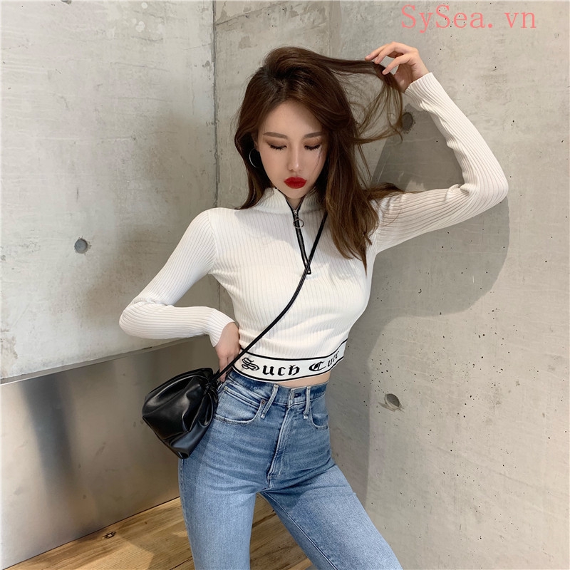 Áo Croptop Tay Dài Phối Khóa Kéo Thời Trang Cho Nữ