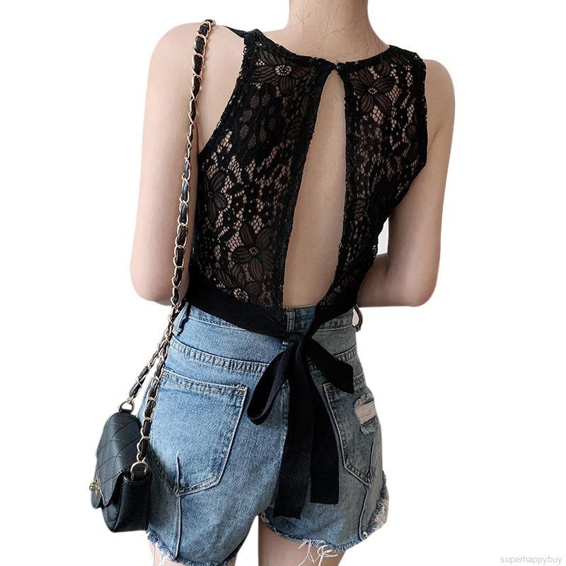 Áo thun không tay phối ren hở lưng thời trang cho nữ