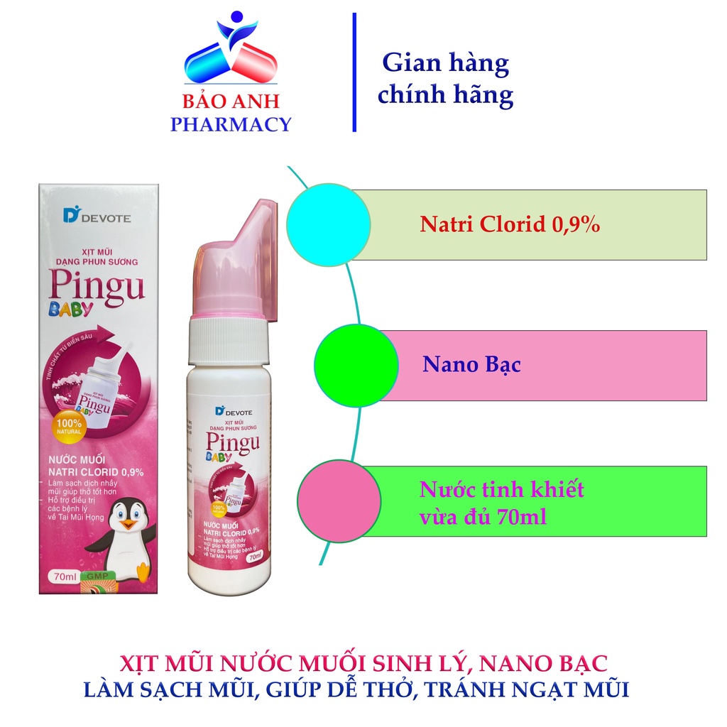 Xịt mũi nước muối sinh lý cho bé từ 3 tháng tuổi Pingu Baby chứa Nano bạc giúp rửa mũi, kháng khuẩn, bảo vệ mũi -Hộp70ml