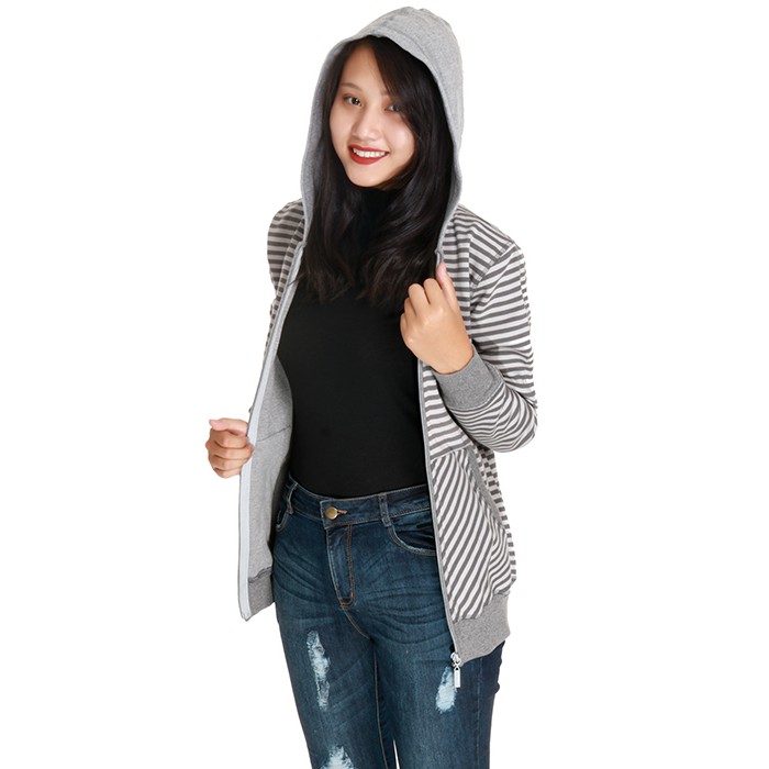 Áo thu đông nữ L4024 thương hiệu NARSIS màu ghi kẻ mũ liền