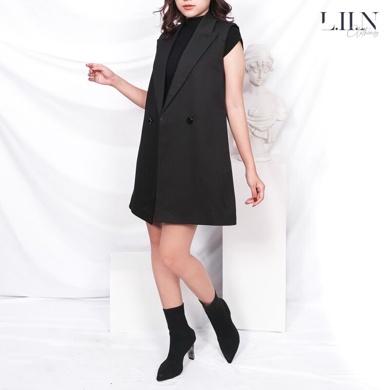 Áo vest gile nữ Linbi đủ size, dáng dài màu đen cổ Vest, phong cách Hàn Quốc Liin clothing V5200